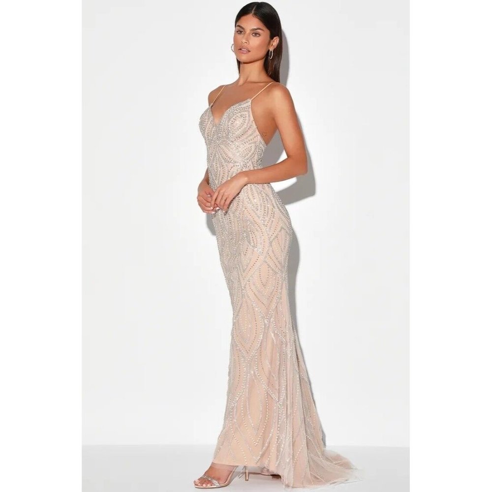 Lulus Womens Tan Luxe Of A Lifetime Rhinestones Formal Evening Long Gown Dress 8